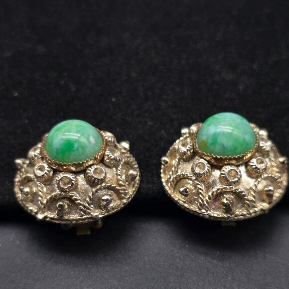 Vintage Peking Glass Clip On Earrings Gold Tone Round Circle - Picture 4 of 7